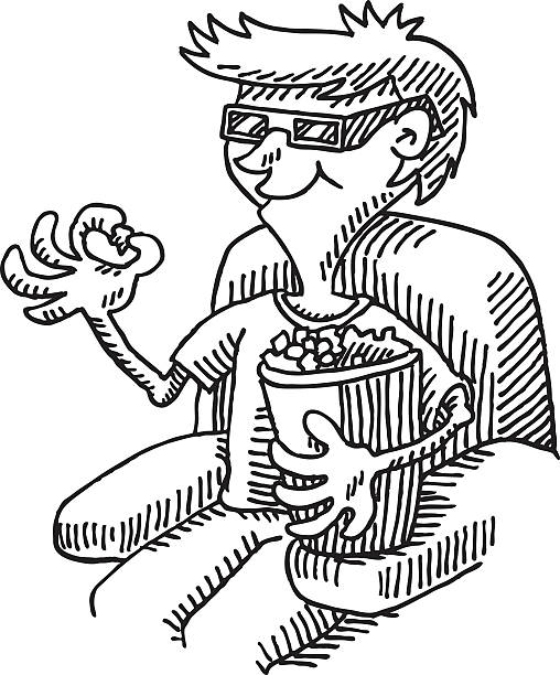 Boy 3D Glasses Cinema Popcorn Drawing Hand-drawn vector drawing of a Cartoon Boy sitting in a Cinema, watching a 3D movie and eating Popcorn. Black-and-White sketch on a transparent background (.eps-file). Included files are EPS (v10) and Hi-Res JPG. black and white eyeglasses clip art stock illustrations