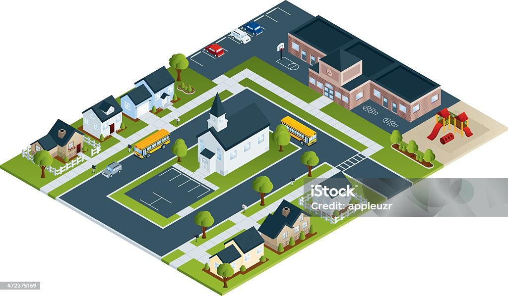 Active Neighborhood Community neighborhood with homes, church and school. All colors are global. Isometric Projection stock vector