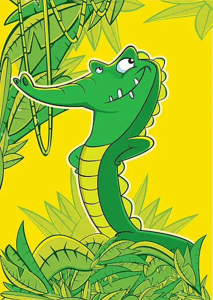 Vector illustration of Alligator or crocodile in the jungle. King of reptiles