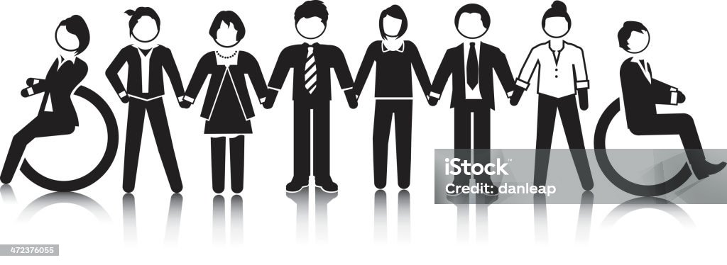 Business Equality Vectored people icons holding hands. Based on 1970s AIGA icon designed for the US Department of Transport. This format can be blown up to any size without loss of quality. All figures are trimmed down to one outline for simple colour changes and the ability to overlay on top of colour for any white-out purposes. Disability stock vector