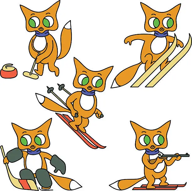 Vector illustration of Winter sports foxes