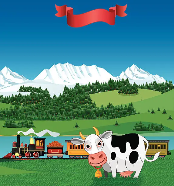 Vector illustration of Train and Cow