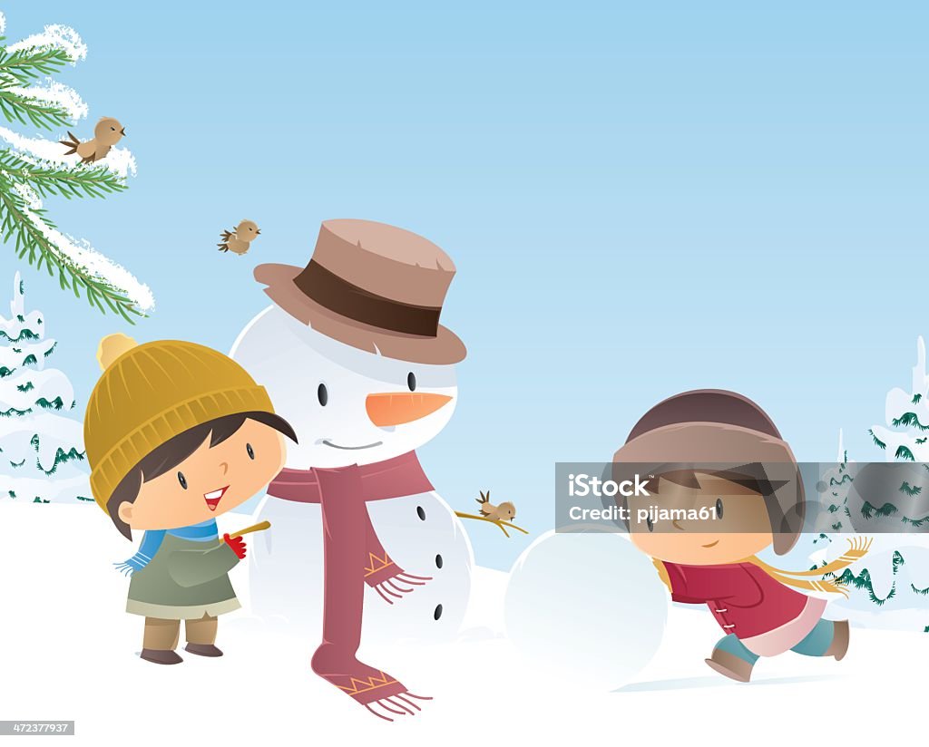 Snowman Two Kids Building a Snowman Child stock vector