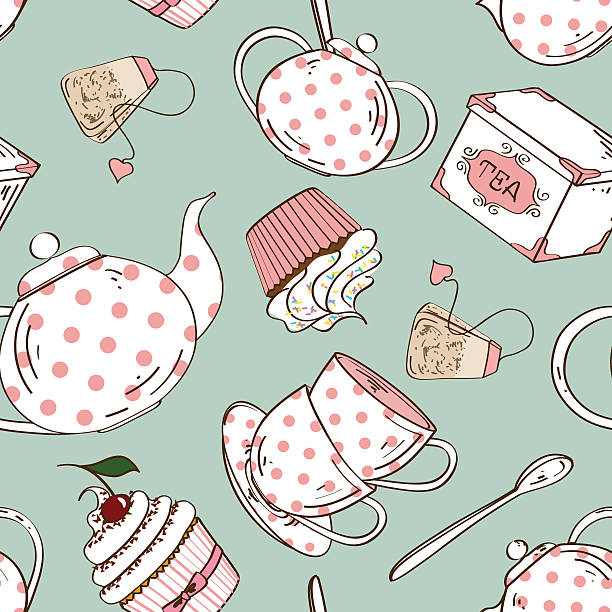 Seamless pattern of tea set and cupcakes Fancy seamless pattern of white pink polka dots tea set and cupcakes sugar bowl crockery stock illustrations