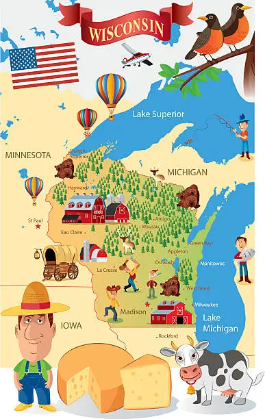 Vector illustration of Cartoon Map of Wisconsin