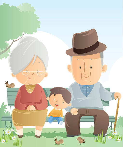 бабушкой и дедушкой и внук - senior women senior adult bench flower stock illustrations