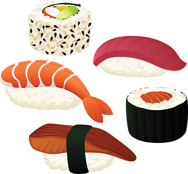 Sushi Vector illustration of various varieties of sushi. Illustration uses linear gradients. Each piece of sushi is on its own layer, easily separated from the other pieces in a program like Illustrator, etc. Both .ai and AI8-compatible .eps formats are included, along with a high-res .jpg, and a high-res .png with transparent background. japanese cuisine food rolled up japanese culture stock illustrations