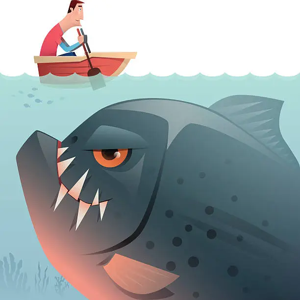Vector illustration of man rowing with big fish