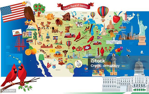 Мультяшный Карта Сша — стоковая векторная графика и другие изображения на тему Орегон - штат США - Орегон - штат США, Векторная графика, Миннесота