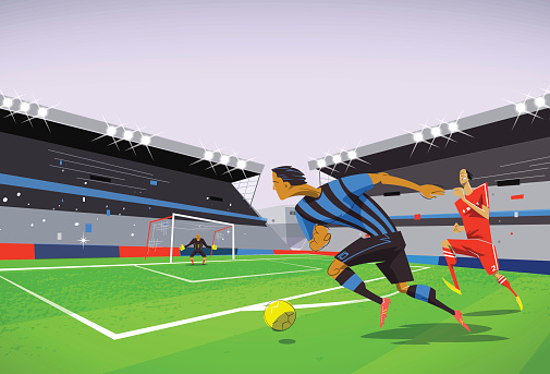 Offensive play at a soccer stadium. One player heads to the goal post the other tries to catch up. Jersey colors are easy to customize from the swatches palette. Global colors and transparencies. There's a clipping mask on the field and the stadium.