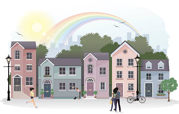ulica sceny z rzędu domy - running jogging urban scene city life stock illustrations