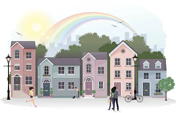 Vector illustration of Street Scene with Row of Houses