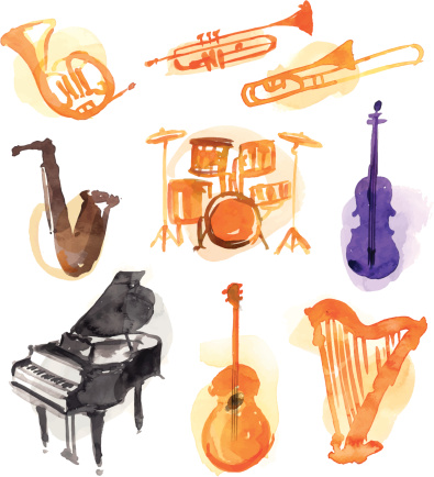 Image shows colorful instruments, wihout opening shapes and gradients; big jpeg (350DPI); digital drawing with free wild style; fantasy painting; better for white backgrounds; you can put out the objects
