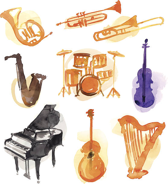 Musical Watercolor Instruments Image shows colorful instruments, wihout opening shapes and gradients; big jpeg (350DPI); digital drawing with free wild style; fantasy painting; better for white backgrounds; you can put out the objects abstract musical instrument stock illustrations