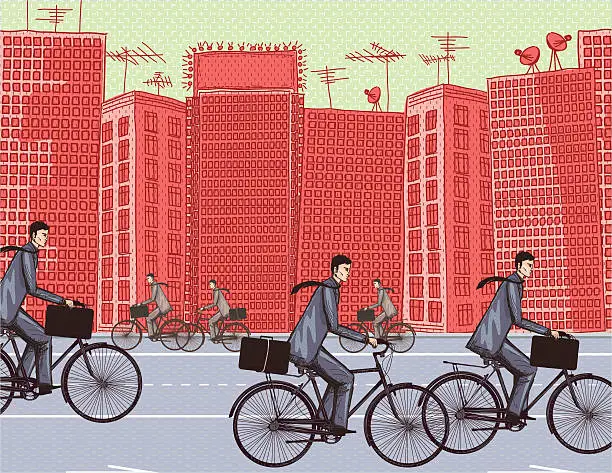 Vector illustration of Businessmen Riding Bikes To work In A Big City