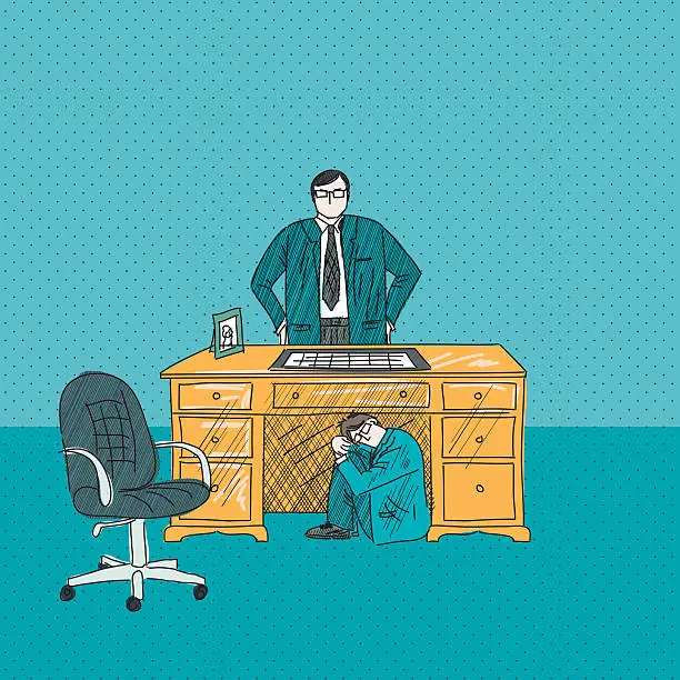 Vector illustration of Businessman Hiding From His Angry Boss Under The Desk