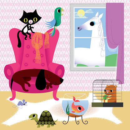 Pets in home interior, as well as wool and animal fur as possible sources of allergy. EPS 10, RGB.