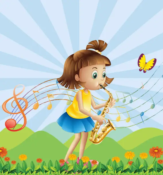 Vector illustration of young lady at the hilltop playing with her saxophone