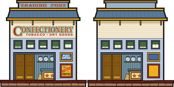 Illustration of a Wild West trading post/general store. Zipped file has AI8.eps and jpegs of both images.