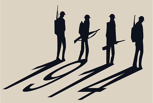 A stark graphic of four world war one soldiers walking in a line with their shadows forming the shape of 1914.
