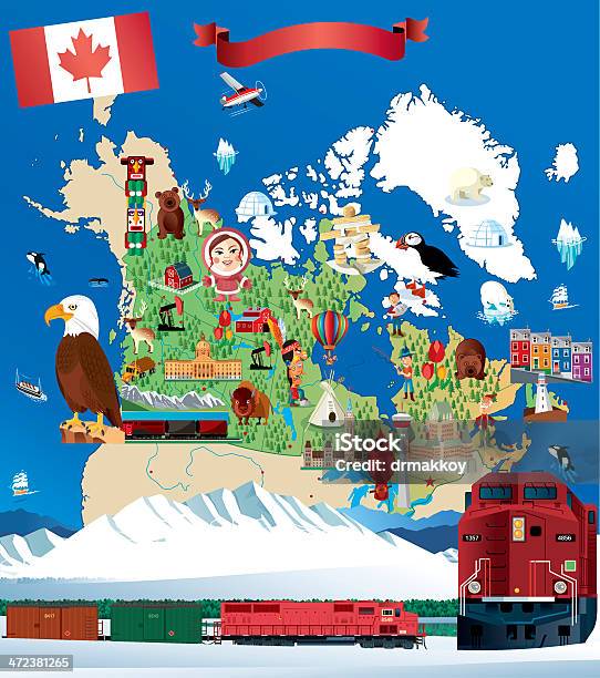 Мультяшный Map Of Canada — стоковая векторная графика и другие изображения на тему Монреаль - Квебек - Монреаль - Квебек, Канада, Поезд