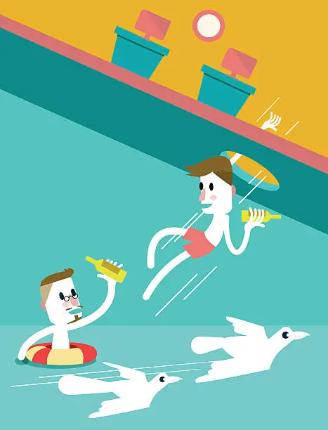 Vector illustration of Two businessmen jumping into the ocean from the office.
