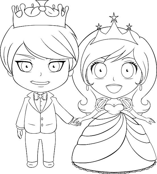 Prince and Princess Coloring Page 1 Vector illustration coloring page of a prince and princess holding hands and smiling.. black and white anime girl stock illustrations