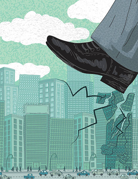 Crushing The Competition. Large Shoe Stomping An Office Building Crushing The Competition. Large Shoe Crushing An Office Building. drawing of the destroyed city stock illustrations