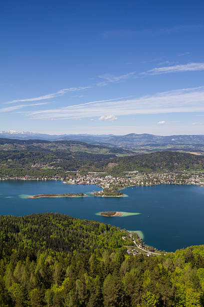 View From Observation Tower To Lake Woerth Taken on April 22nd, 2015 during a break at university. Perfect sunny and warm weather to use the freetime and enjoy the view from up there! Always worth a visit! maria woerth stock pictures, royalty-free photos & images