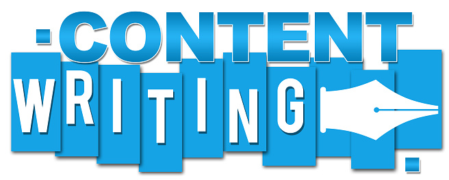 Content writing concept image with text on blue squares and white pen tip shape.
