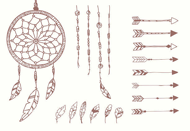 Hand drawn native american feathers, dream catcher, beads and arrows Hand drawn native american feathers, dream catcher, beads and arrows, vector illustration symbol north american tribal culture bead feather stock illustrations