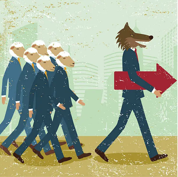 Vector illustration of Business leader men wolf sheep follower conformist sheeplike