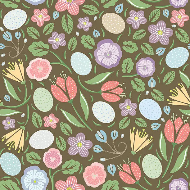 Vector illustration of Woodland Easter Eggs and Flower Pattern II