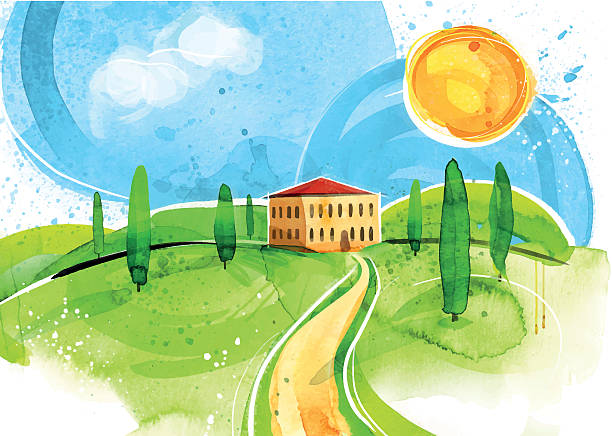 Tuscany Image shows Tuskany-Landscape in watercolor-style; vectorimage with only one layer, without opening shapes and gradients; big jpeg (350DPI); digital drawing with free wild style; fantasy drawing; skinny lines; better for white backgrounds panoramic country road single lane road sky stock illustrations