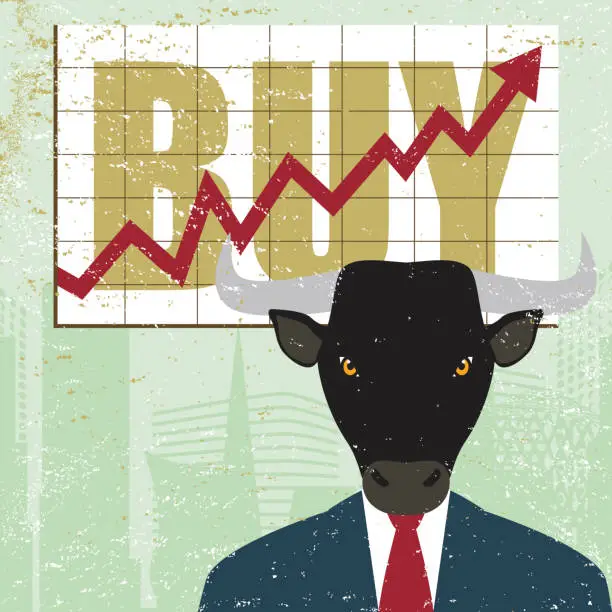 Vector illustration of Bullish market upward bull business investor city share trading range