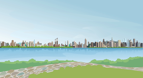 Generic city detailed skyline. Layered illustration of big city under water (river, lake or sea). Illustration contains transparent elements - reflections on water. Easy to edit.