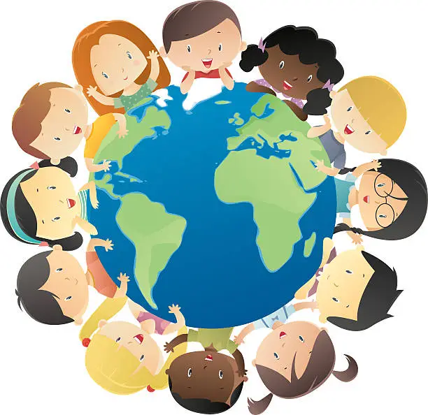 Vector illustration of Happy kids around the globe