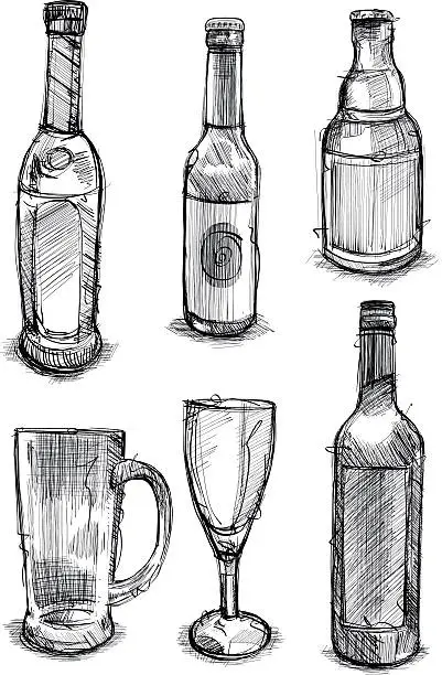 Vector illustration of Six drawings of bottles and glasses