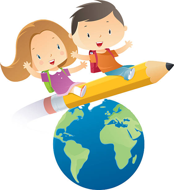 ilustrações, clipart, desenhos animados e ícones de menino e uma menina voando sobre um lápis - adolescence teenager globe map