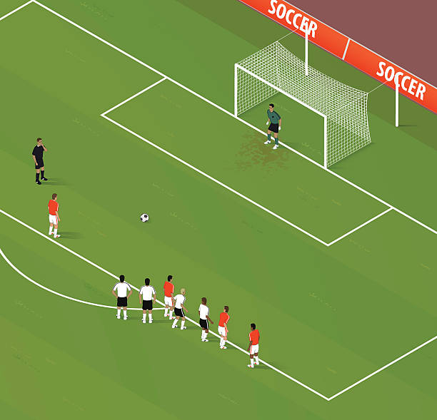 isometric fußball gebühr kick - penalty soccer penalty shoot out goalie stock-grafiken, -clipart, -cartoons und -symbole