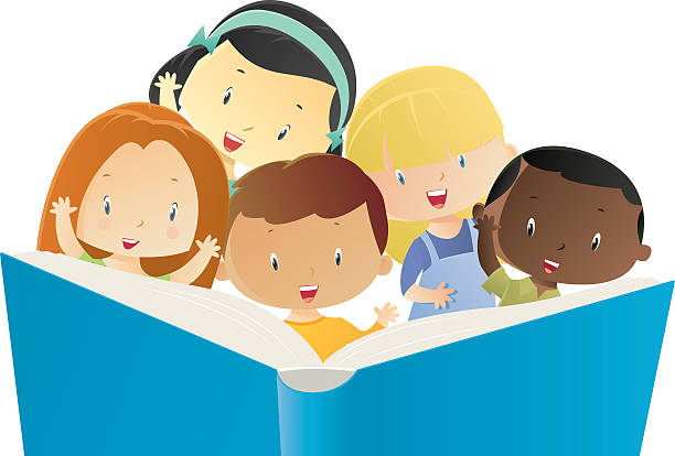 illustrazioni stock, clip art, cartoni animati e icone di tendenza di bambini e prenota - child book reading offspring