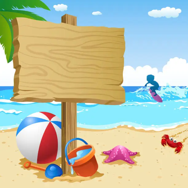 Vector illustration of Wooden Notice Board at Summer Beach