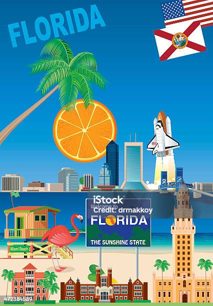 Ilustración de Póster De Florida y más Vectores Libres de Derechos de Florida - Estados Unidos - Florida - Estados Unidos, Orlando - Florida, Playa