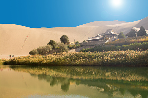 Chinese temple in the desert, Mingsha Shan, Dunhuang, China