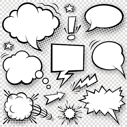 Set of Vector Speech Bubbles and various comic graphic elements with Halftone shadows. This Graphic set includes 5 different file formats-