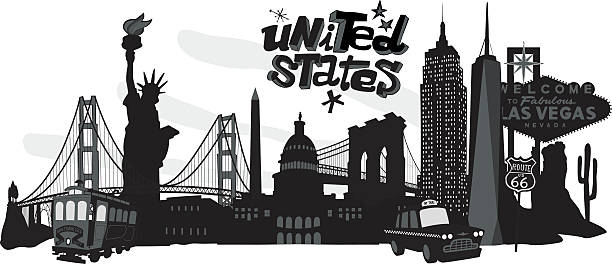 black-and-white cartoon collage of various usa landmarks - empire state building stock illustrations