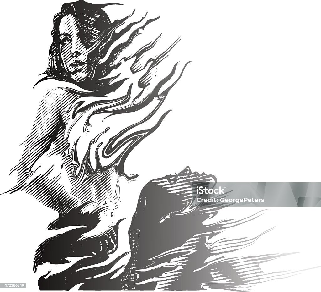 Women Blown Away Engraving illustration of two beautiful topless women being blown away. Fire - Natural Phenomenon stock vector