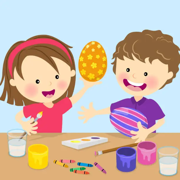Vector illustration of Two Kids Painting Easter Eggs