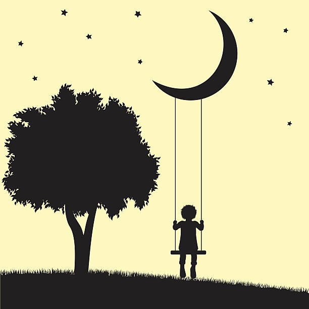 An illustration of a child swinging on the moon Child on swings hanging from the moon and tree silhouettes silhouette of bad boy stock illustrations