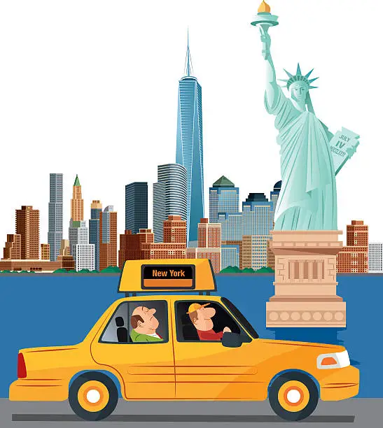 Vector illustration of Illustration of New York City with a cab driving by